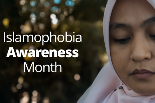 A women in a hijab against a blurred background with the words Islamophobia Awareness Month